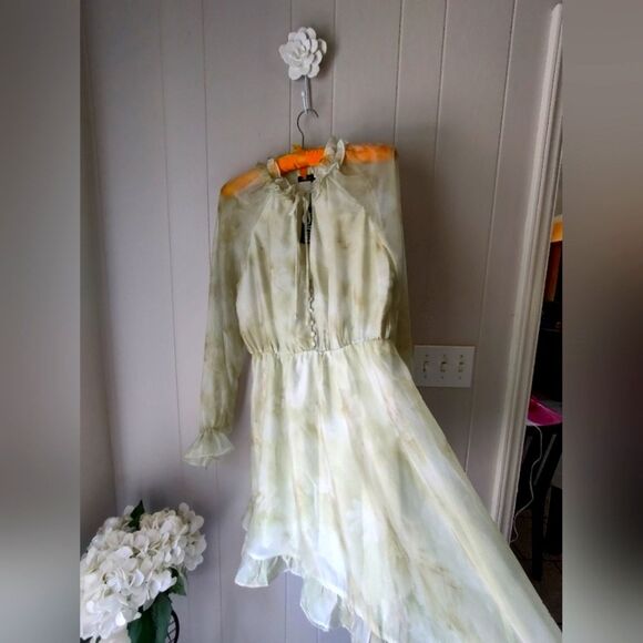 Sealgirl Chiffon Floral Sage White Sheer Long Sleeve Midi Dress Size Large - Picture 2 of 10